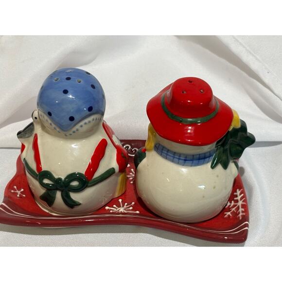 Christmas Holiday Snowman Salt & Pepper S&P Shakers Figurines with plate large8 - Picture 3 of 8